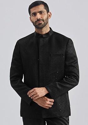 Black Embroidered Poly Blend Blazers For Men