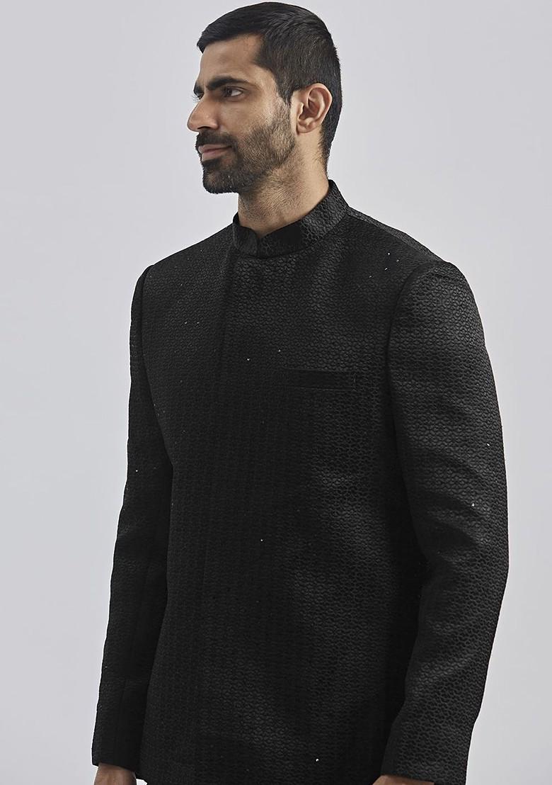 Black Embroidered Poly Blend Blazers For Men