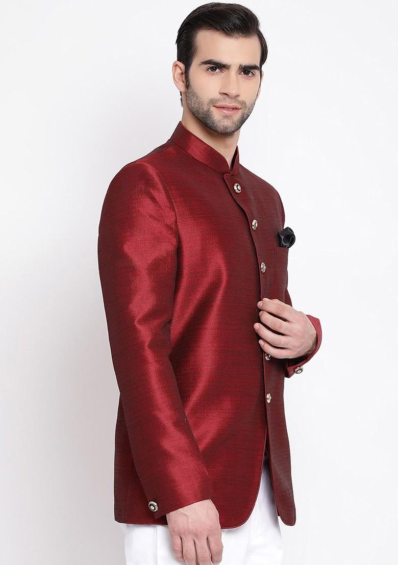 Maroon Solid Poly Blend Blazers For Men