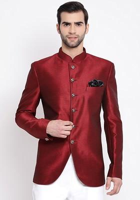 Maroon Solid Poly Blend Blazers For Men