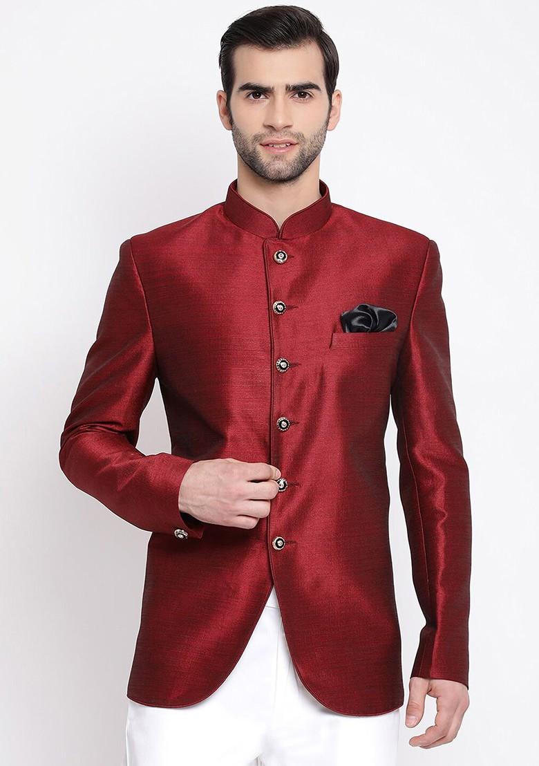 Maroon Solid Poly Blend Blazers For Men