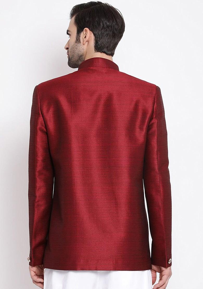 Maroon Solid Poly Blend Blazers For Men