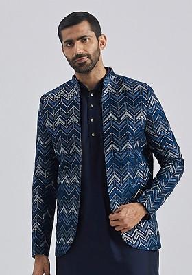 Blue Embroidered Poly Blend Blazers For Men