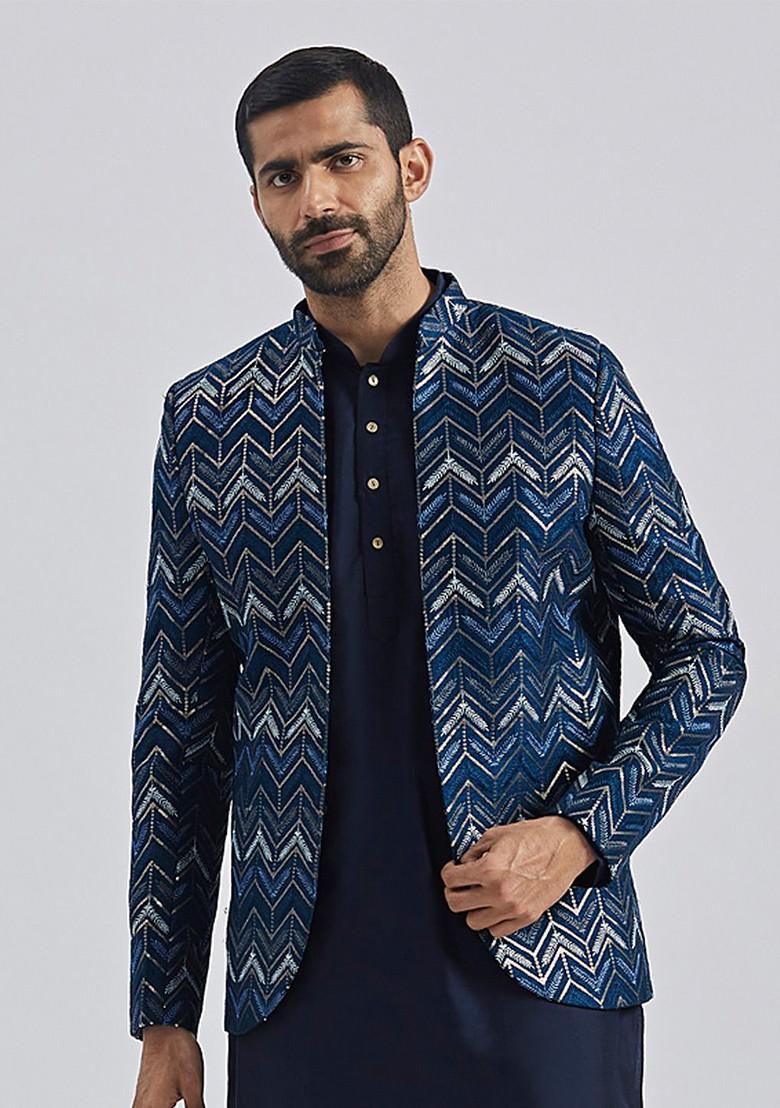 Blue Embroidered Poly Blend Blazers For Men