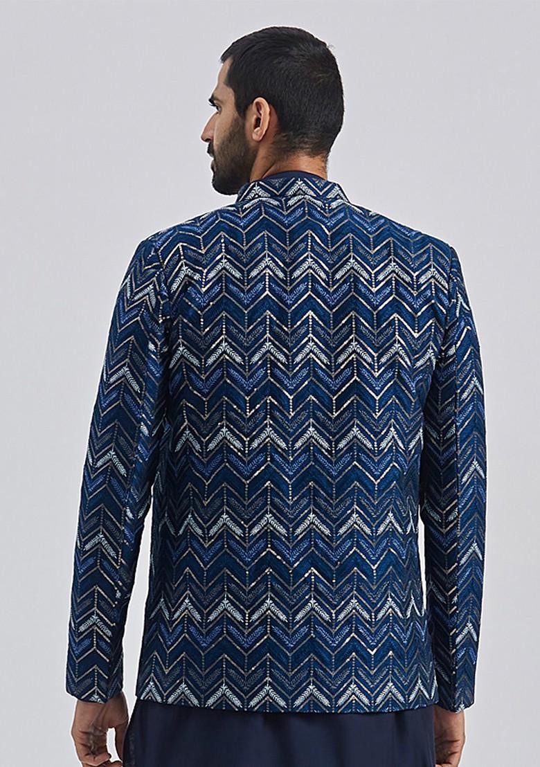 Blue Embroidered Poly Blend Blazers For Men