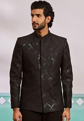 Black Embroidered Poly Blend Blazers For Men