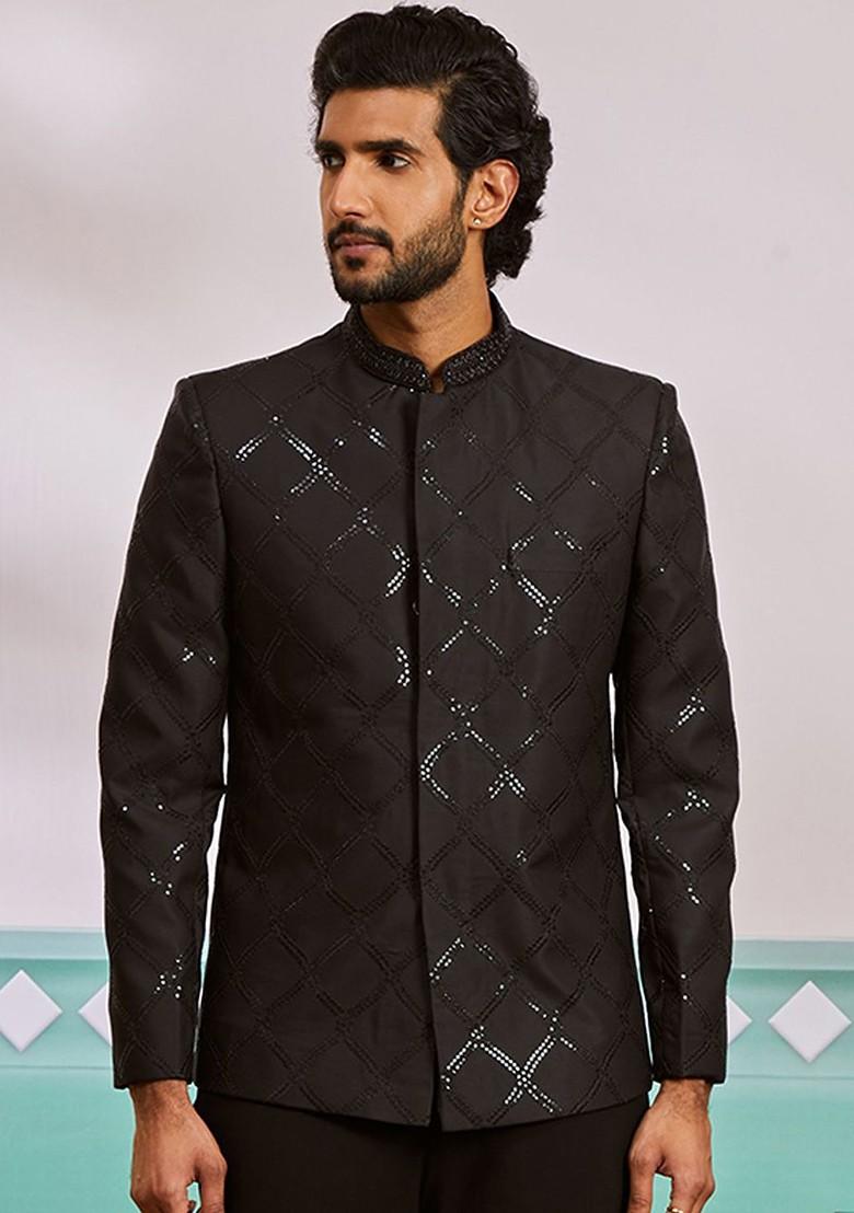 Black Embroidered Poly Blend Blazers For Men