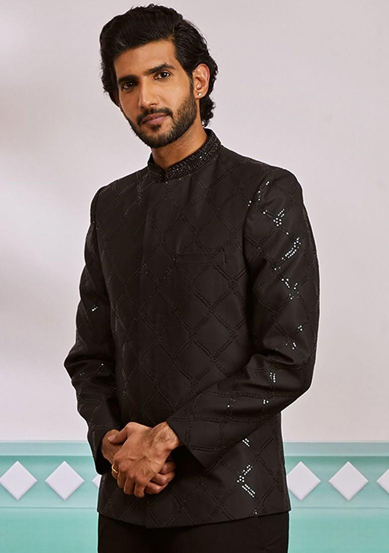 Black Embroidered Poly Blend Blazers For Men