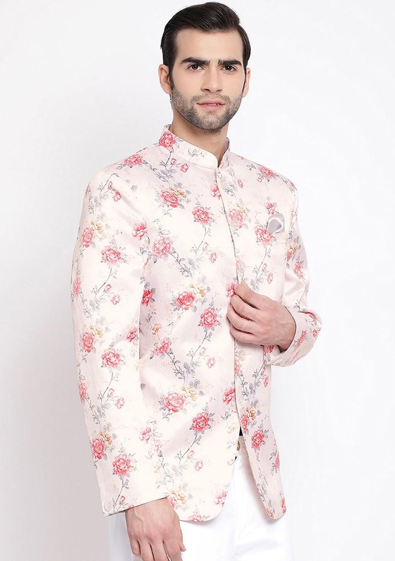 Peach Printed Poly Blend Blazers For Men