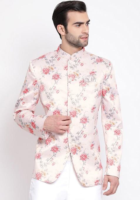 Peach Printed Poly Blend Blazers For Men