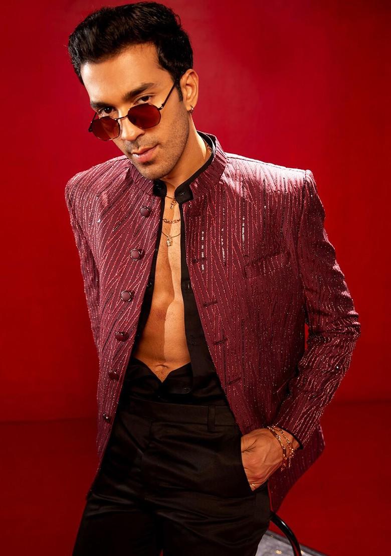 Maroon Embellished Poly Blend Blazers For Men