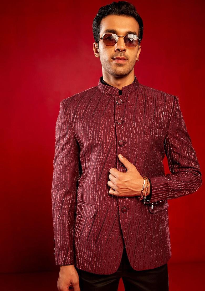 Maroon Embellished Poly Blend Blazers For Men