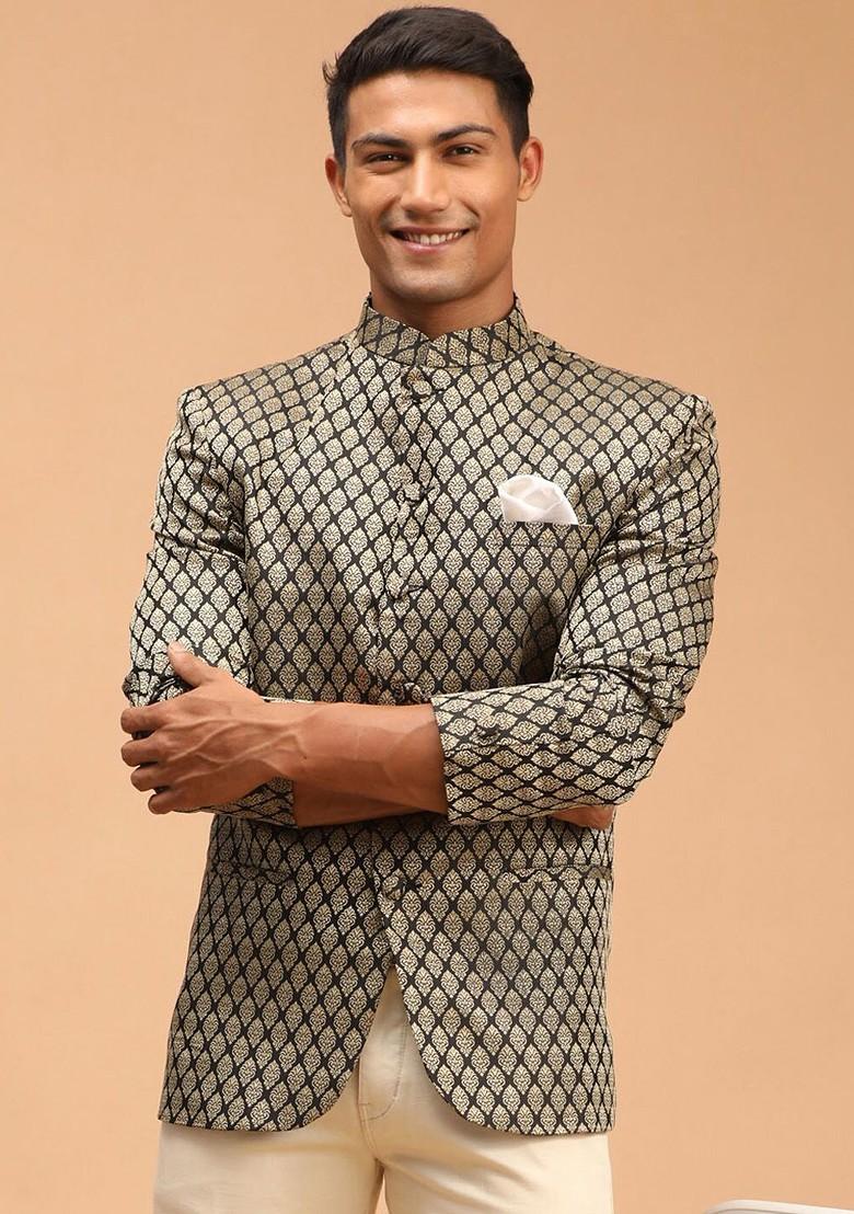 Black Printed Poly Blend Blazers For Men