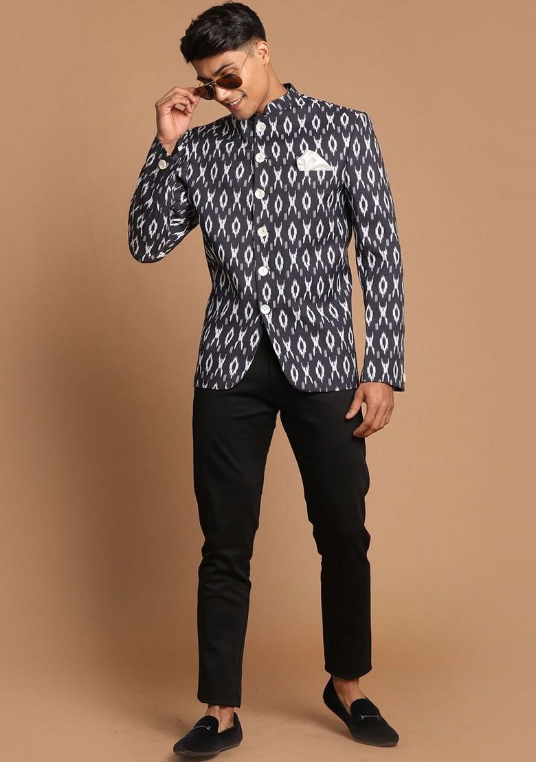 Black Printed Poly Blend Blazers For Men