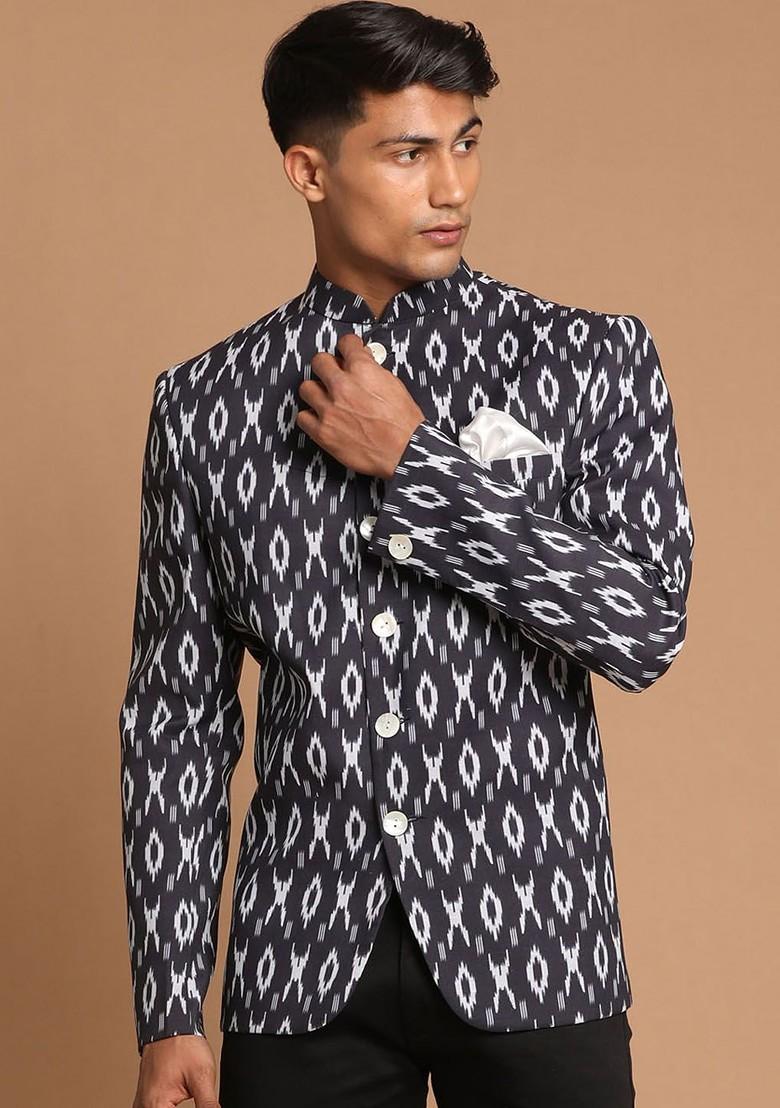 Black Printed Poly Blend Blazers For Men