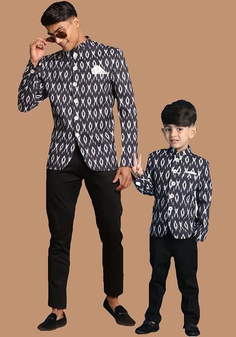 Black Printed Poly Blend Blazers For Men