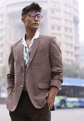 Coffee Brown Checked Poly Blend Blazers For Men