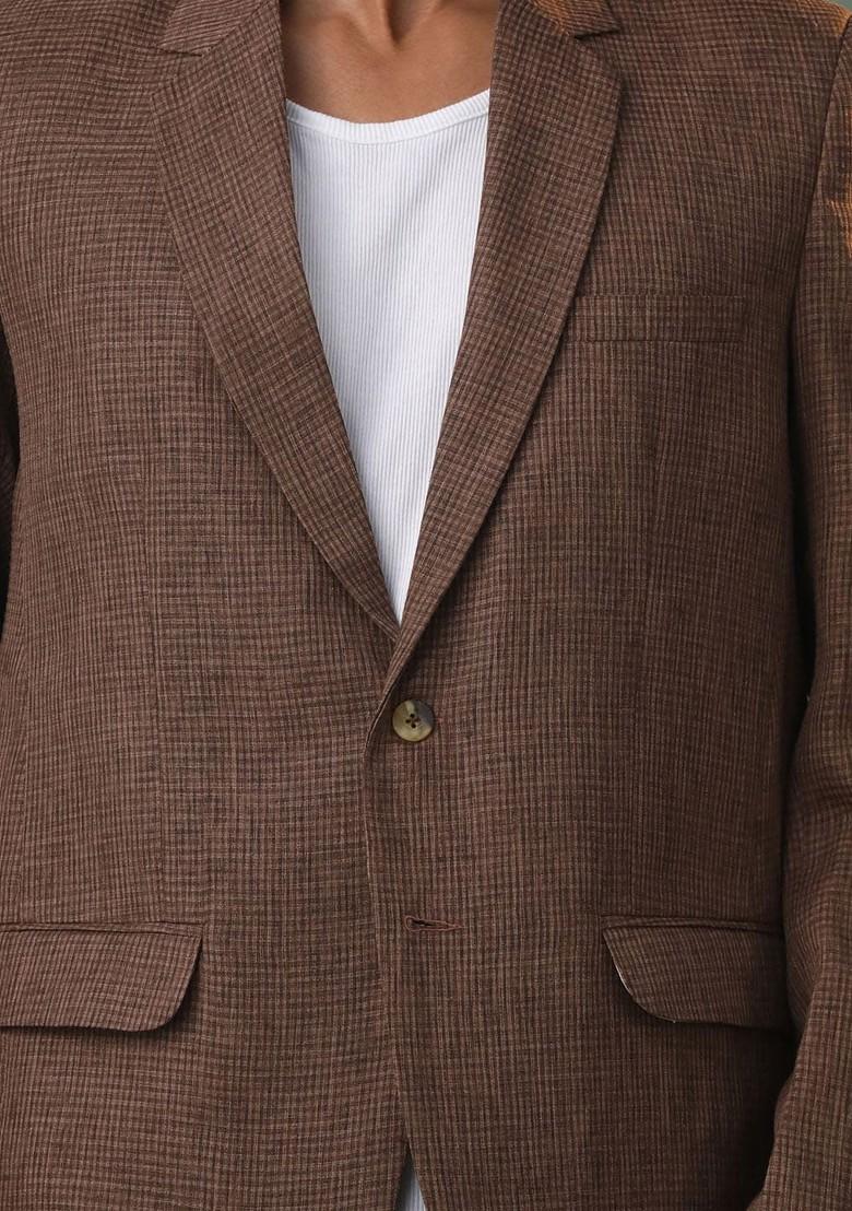 Coffee Brown Checked Poly Blend Blazers For Men