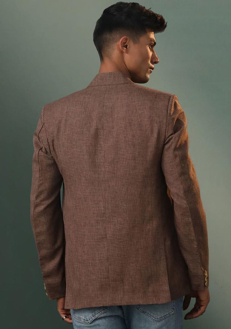 Coffee Brown Checked Poly Blend Blazers For Men