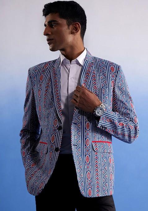 Blue Printed Cotton Blazers For Men