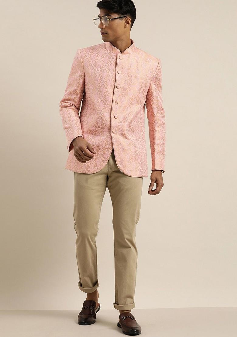Pink Embroidered Poly Blend Blazers For Men