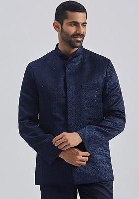 Navy Blue Embroidered Poly Blend Blazers For Men