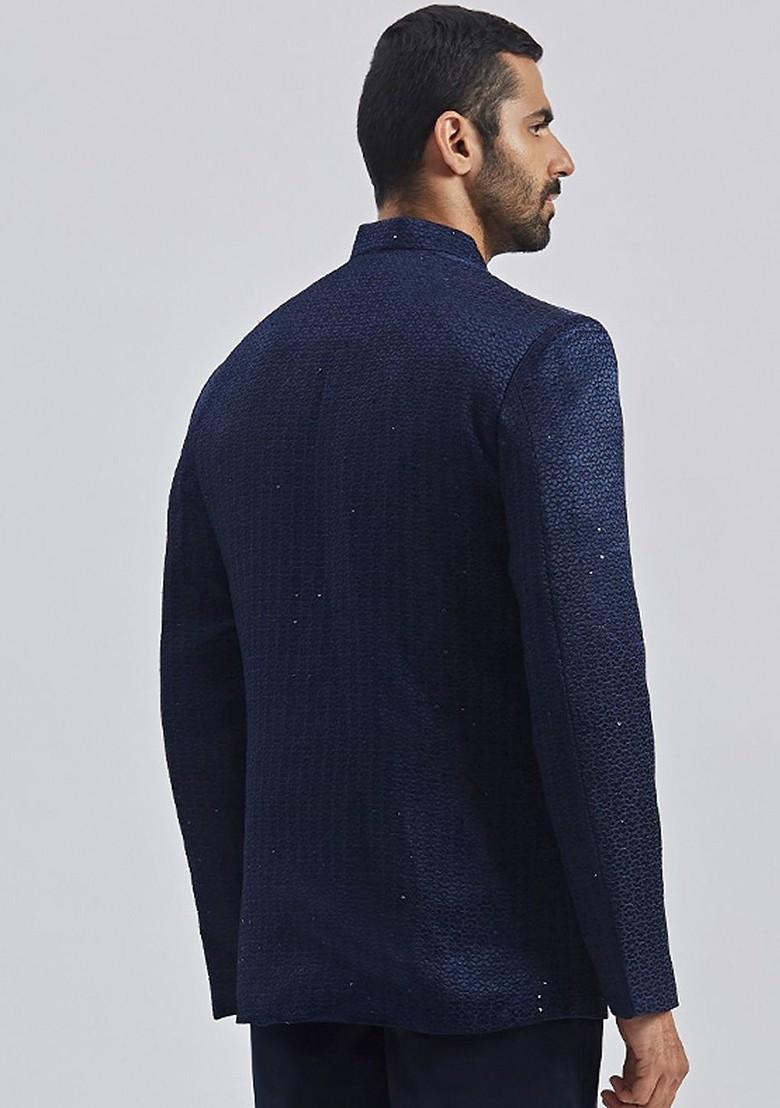 Navy Blue Embroidered Poly Blend Blazers For Men