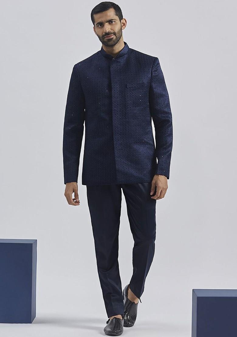 Navy Blue Embroidered Poly Blend Blazers For Men