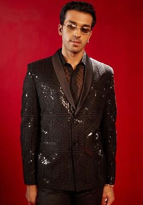Black Embellished Poly Blend Blazers For Men