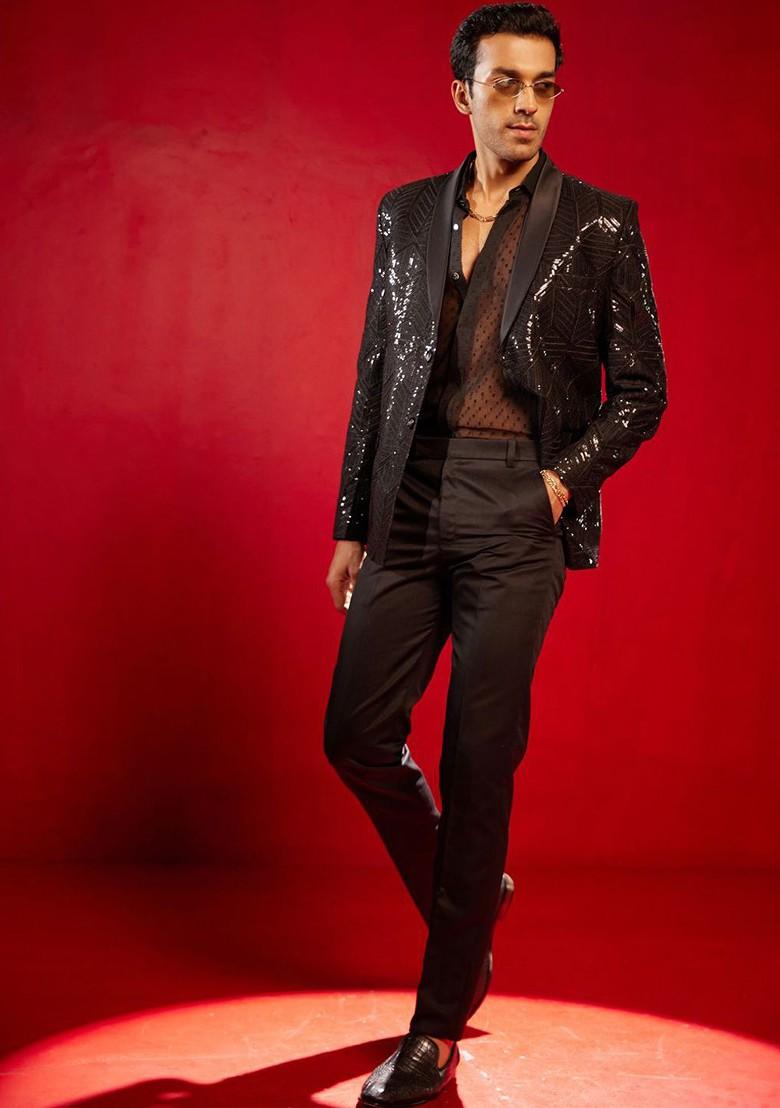 Black Embellished Poly Blend Blazers For Men