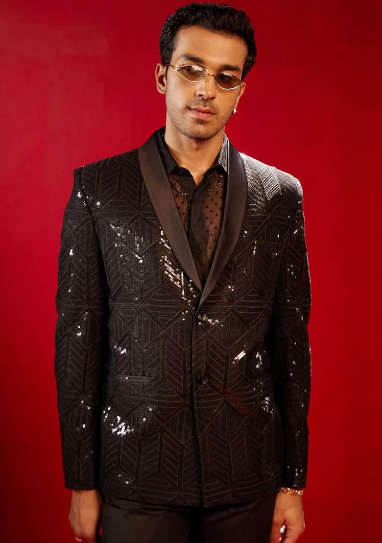 Black Embellished Poly Blend Blazers For Men