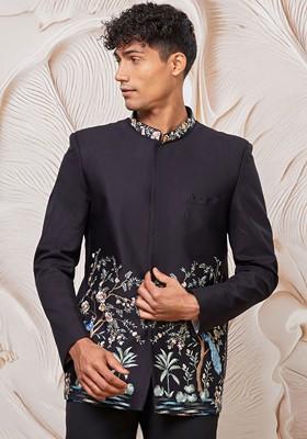 Black Embroidered Poly Blend Blazers For Men