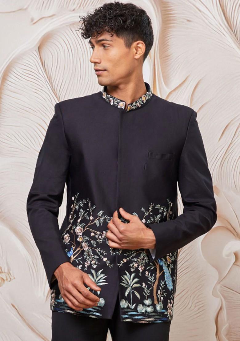 Black Embroidered Poly Blend Blazers For Men