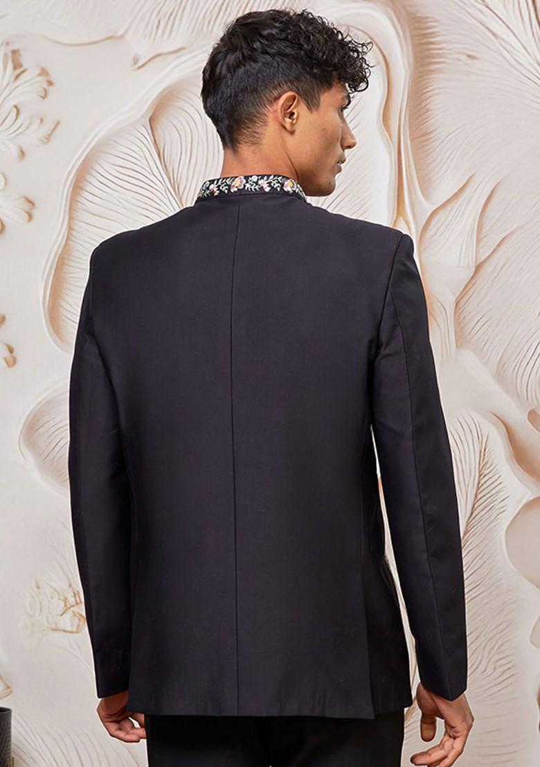 Black Embroidered Poly Blend Blazers For Men