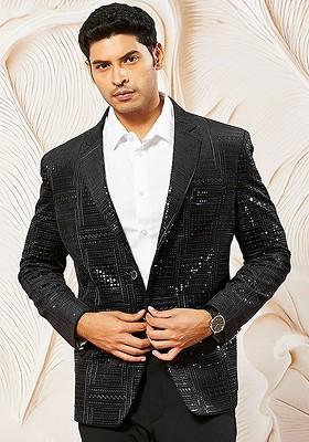 Black Embroidered Poly Blend Blazers For Men