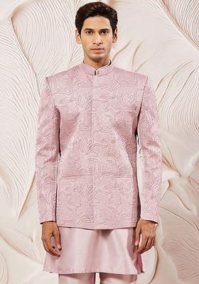 Pink Embroidered Poly Blend Blazers For Men