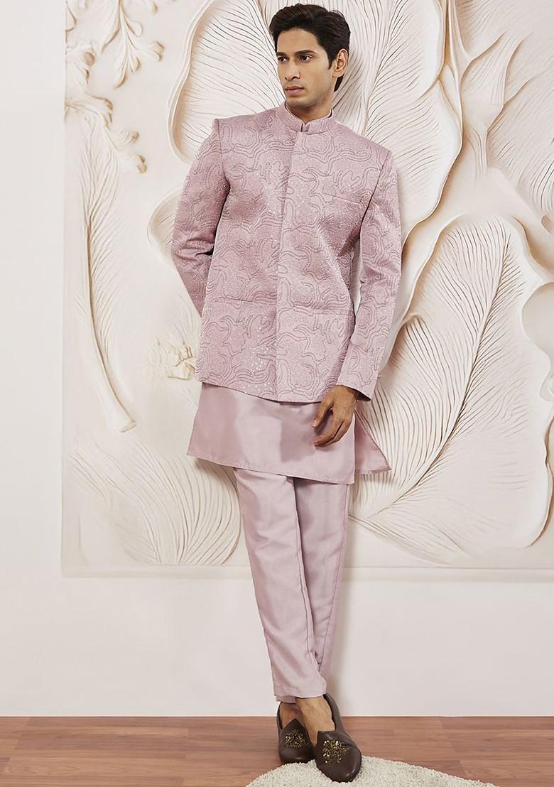 Pink Embroidered Poly Blend Blazers For Men