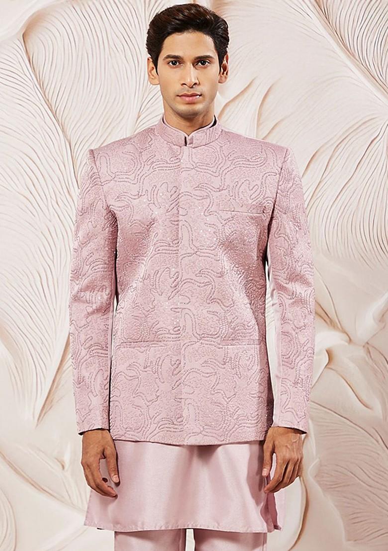 Pink Embroidered Poly Blend Blazers For Men