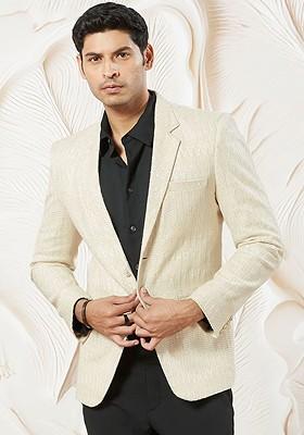 Cream Solid Poly Blend Blazers For Men