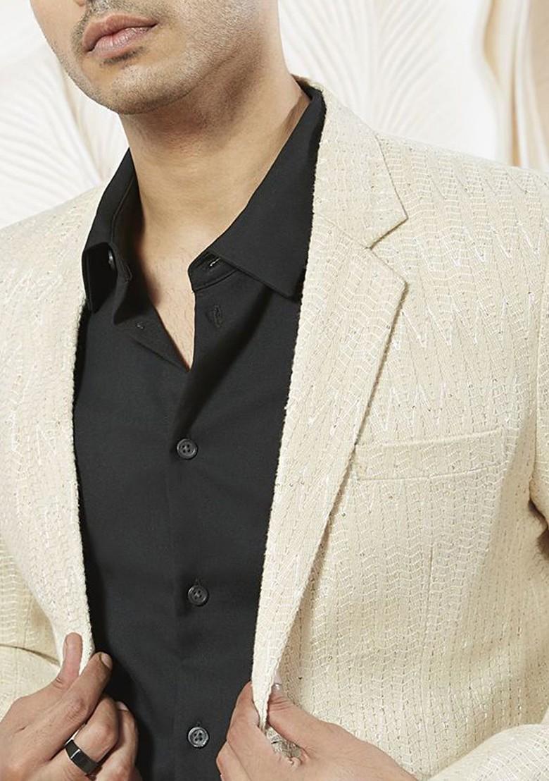 Cream Solid Poly Blend Blazers For Men