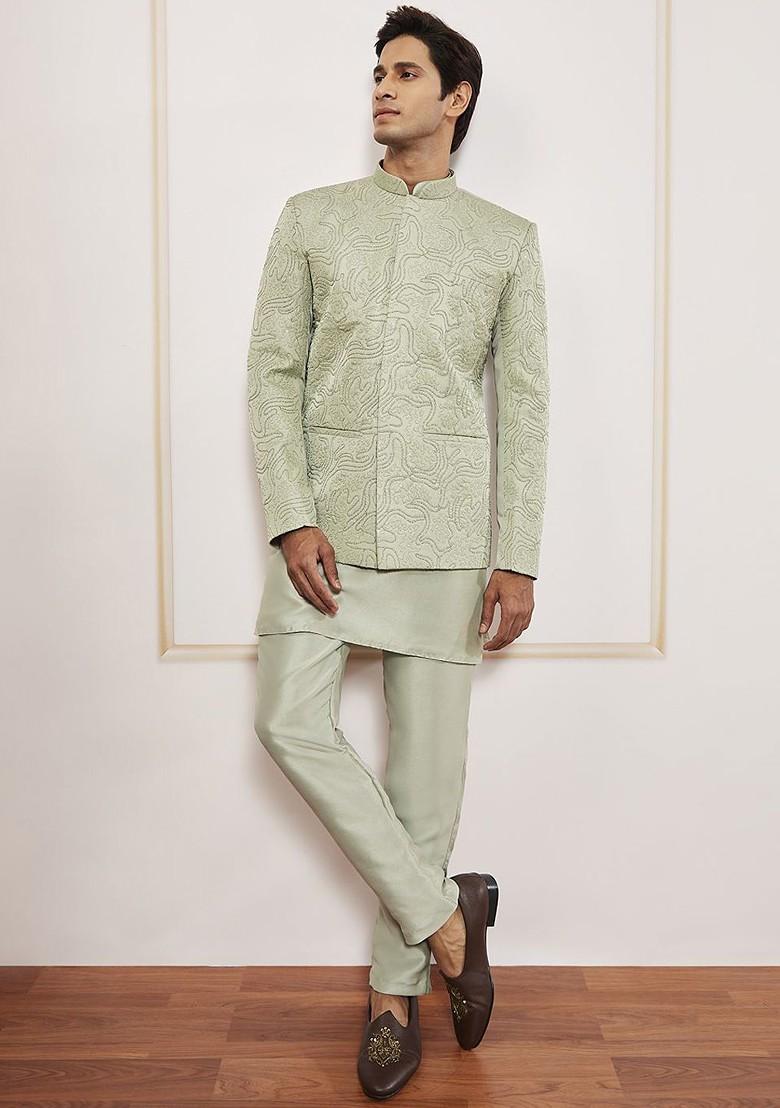 Sea Green Embroidered Poly Blend Blazers For Men