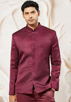 Maroon Embroidered Poly Blend Blazers For Men