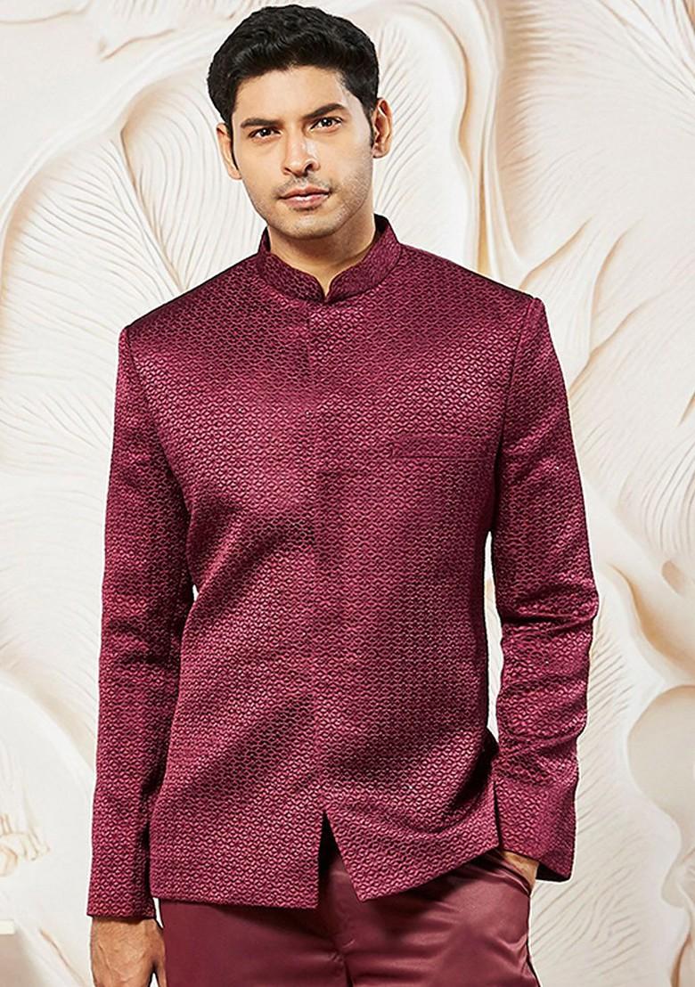 Maroon Embroidered Poly Blend Blazers For Men