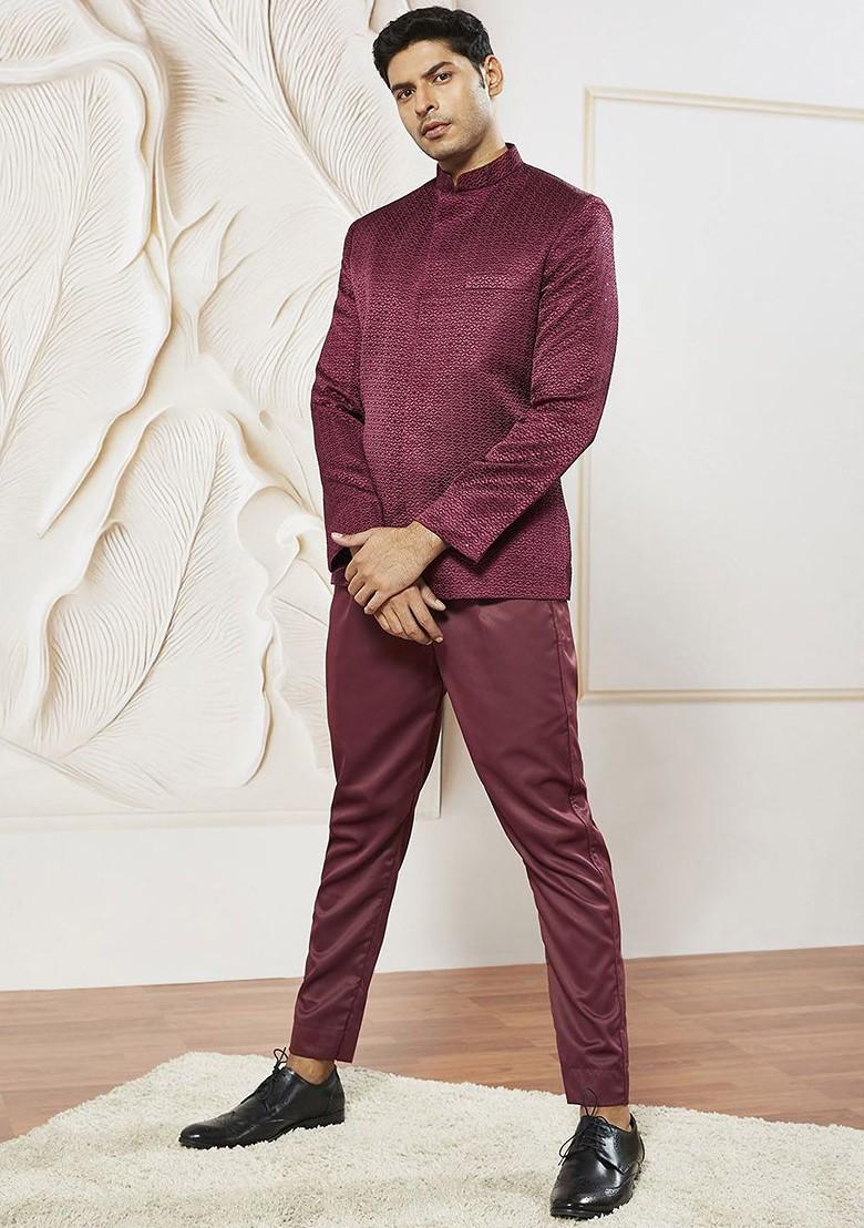 Maroon Embroidered Poly Blend Blazers For Men