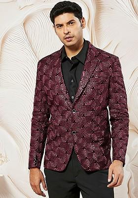 Burgundy Printed Poly Blend Blazers For Men