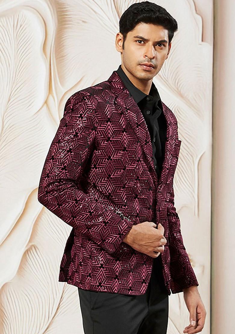 Burgundy Printed Poly Blend Blazers For Men