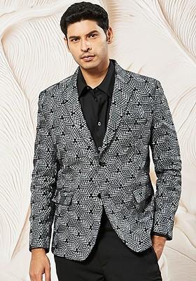 Grey Printed Poly Blend Blazers For Men