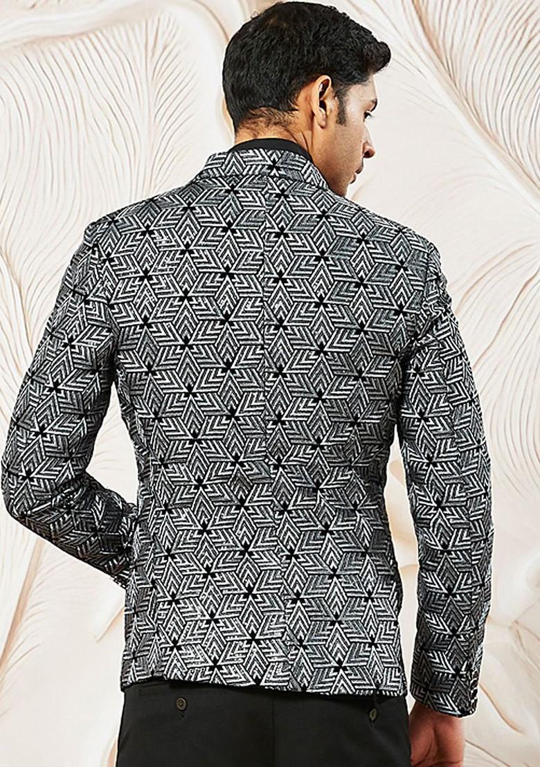 Grey Printed Poly Blend Blazers For Men
