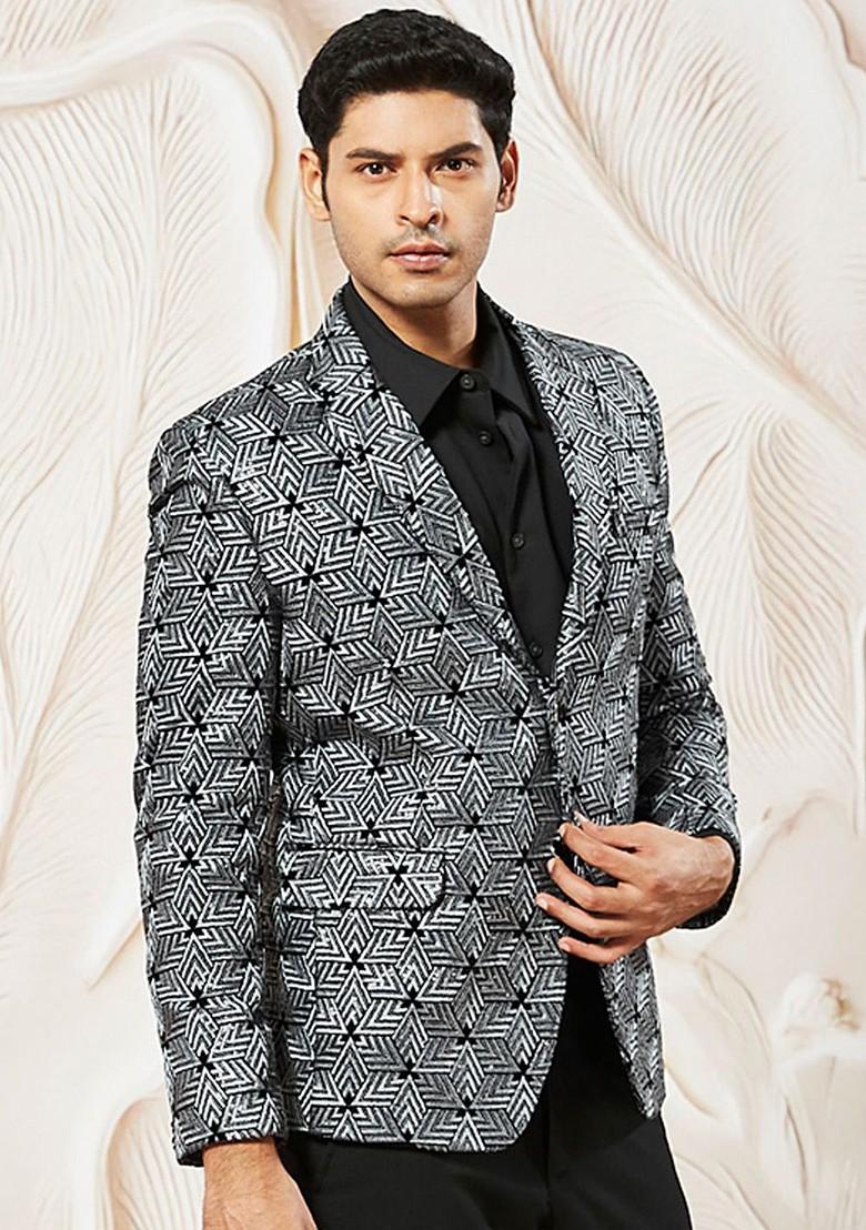 Grey Printed Poly Blend Blazers For Men