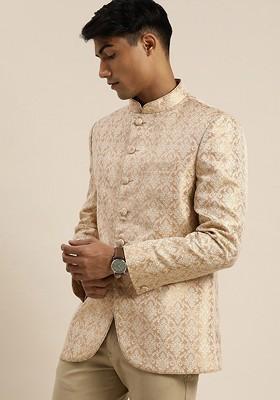 Gold Embroidered Poly Blend Blazers For Men